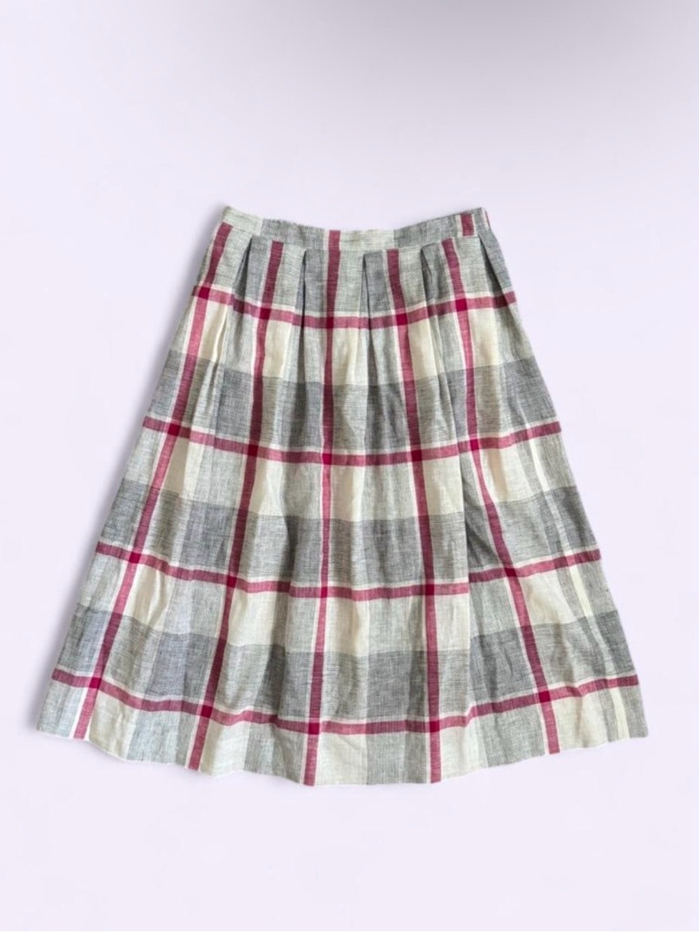 Vintage Jones New York Plaid Pleated Skirt Linen Cotton Ivory Gray Pink Preppy